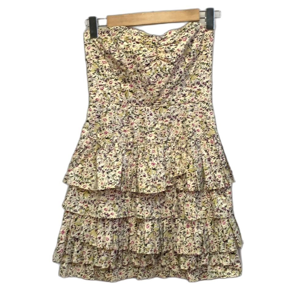 J. Crew Liberty of London Ivory Purple Floral Strapless Tiered Mini Dress Size 0 - Picture 3 of 16